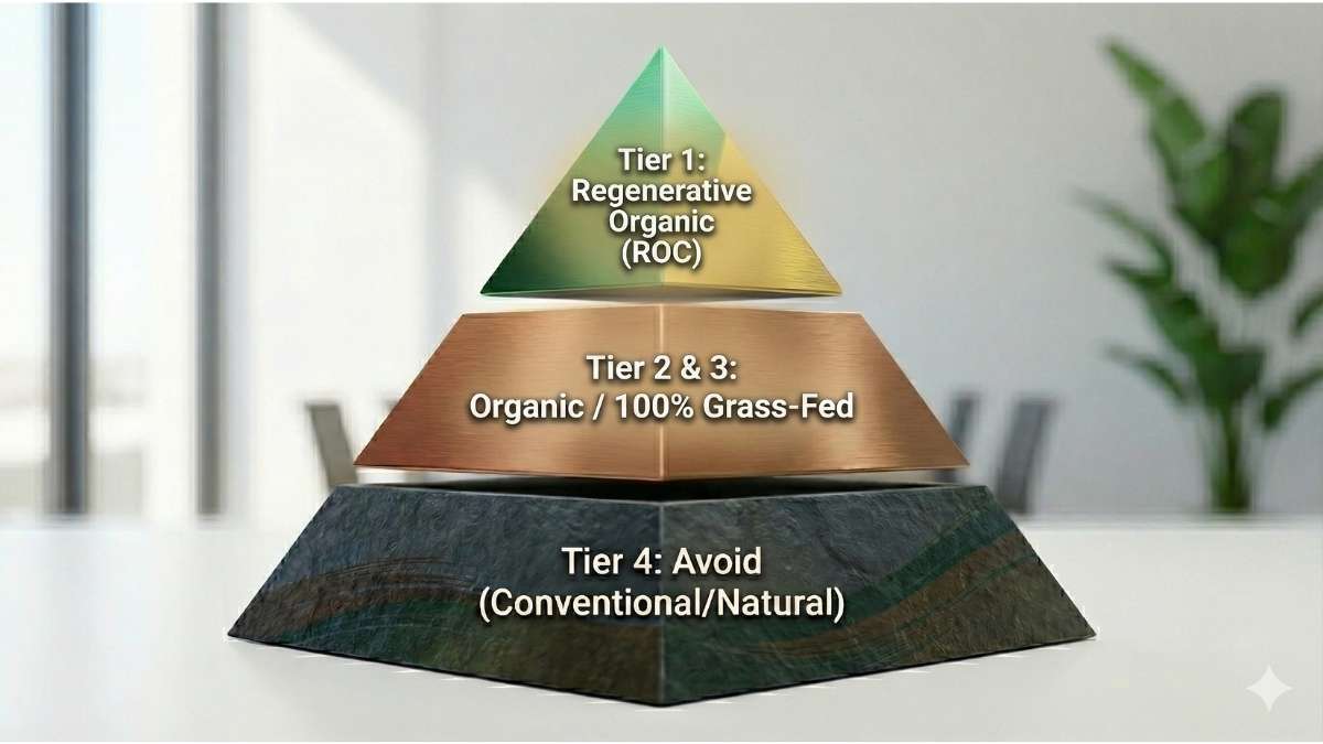 Pyramid chart showing the hierarchy of meat labels from Conventional to Regenerative Organic.