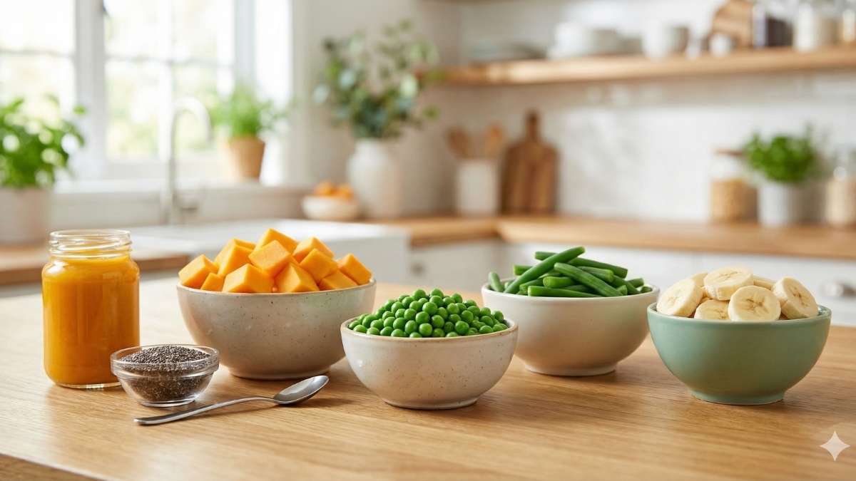 Healthy baby food rotation including squash, peas, and bananas to minimize heavy metal risk.