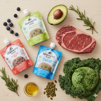 Serenity Kids Baby Food high-fat, low-sugar purees and puffs next to raw ingredients for optimal brain development. Serenity Kids Baby Food high-fat, low-sugar purees and puffs next to raw ingredients for optimal brain development.