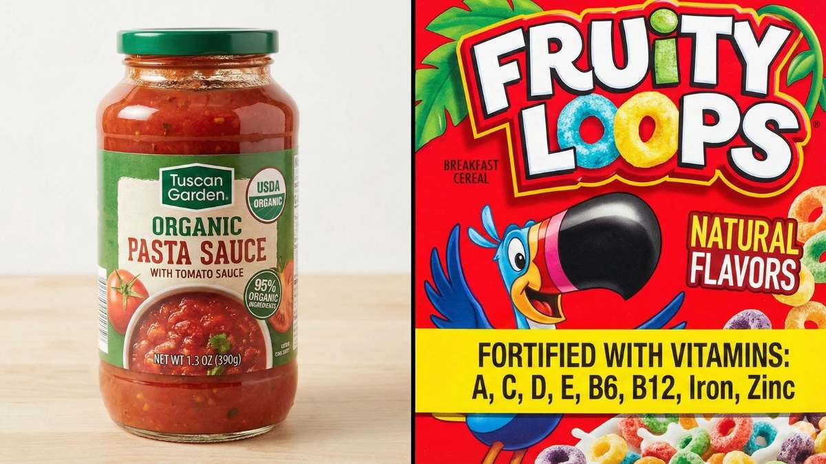 Visual comparison detailing the difference between a product meeting strict USDA organic food label requirements and a highly processed product labeled only 'Natural' or 'Fortified.'