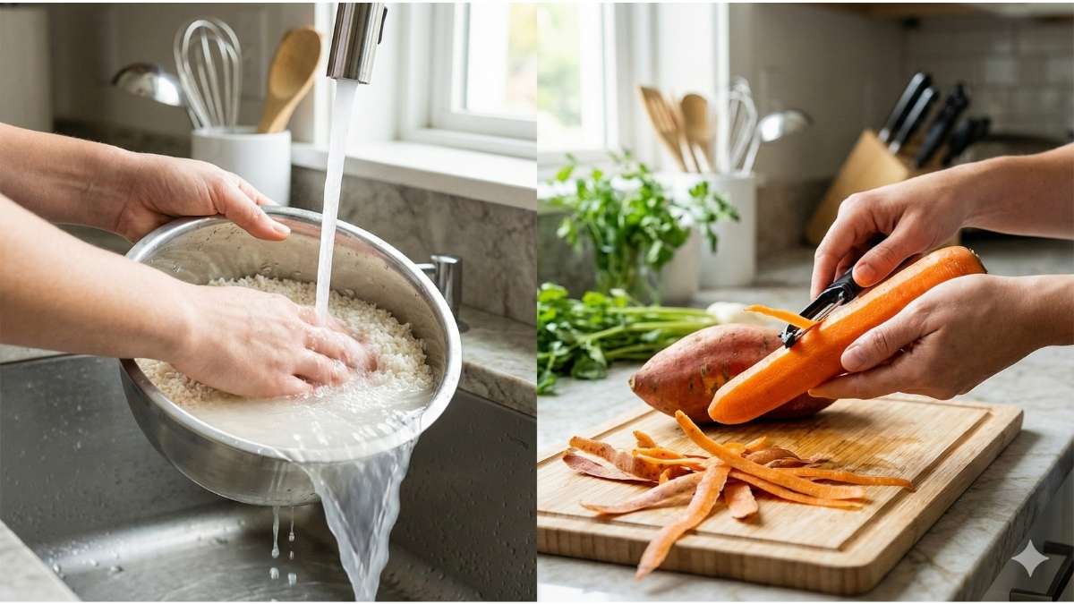Kitchen mitigation tactics: A visual guide to safely washing rice to reduce arsenic and peeling root vegetables to avoid heavy metals in food contamination from the soil.