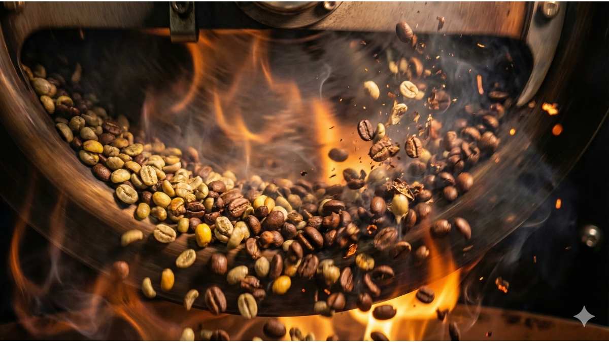 Coffee beans roasting in drum showing color change from green to brown