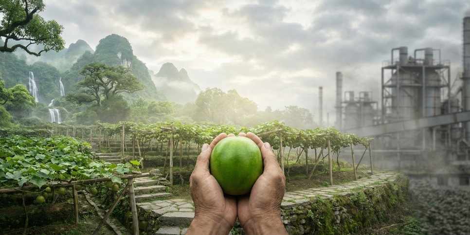Organic monk fruit farming in Guilin mountains, contrasting pure cultivation with industrial pesticide use.