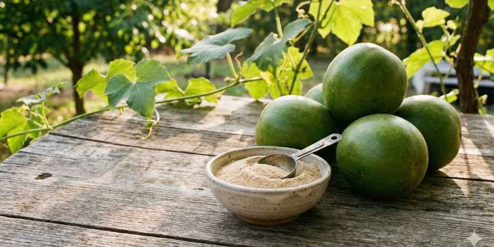 Fresh green monk fruit gourds on a wooden table next to pure extract powder and a micro-scoop to avoid monk fruit side effects.