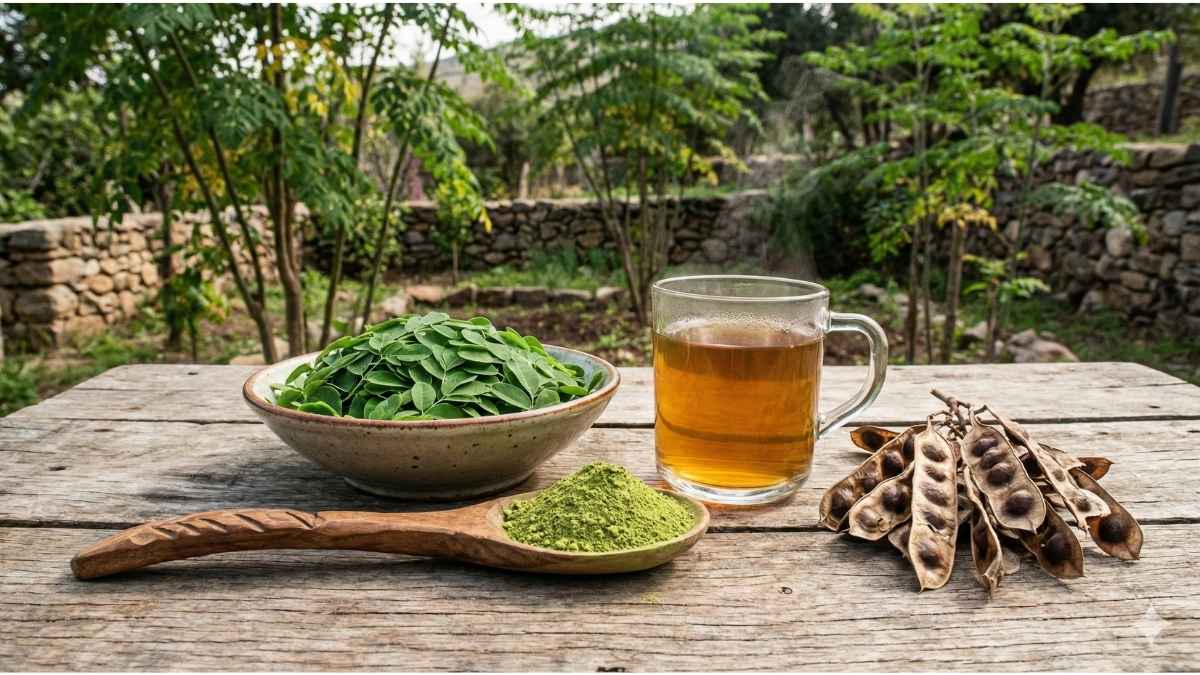 Different forms of moringa benefits including powder, tea, and seeds. Different forms of moringa benefits including powder, tea, and seeds.