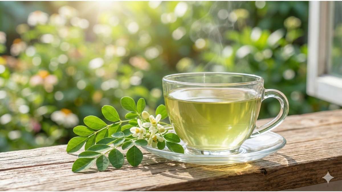 Herbal Moringa tea in a glass cup made from steeping fresh leaves.