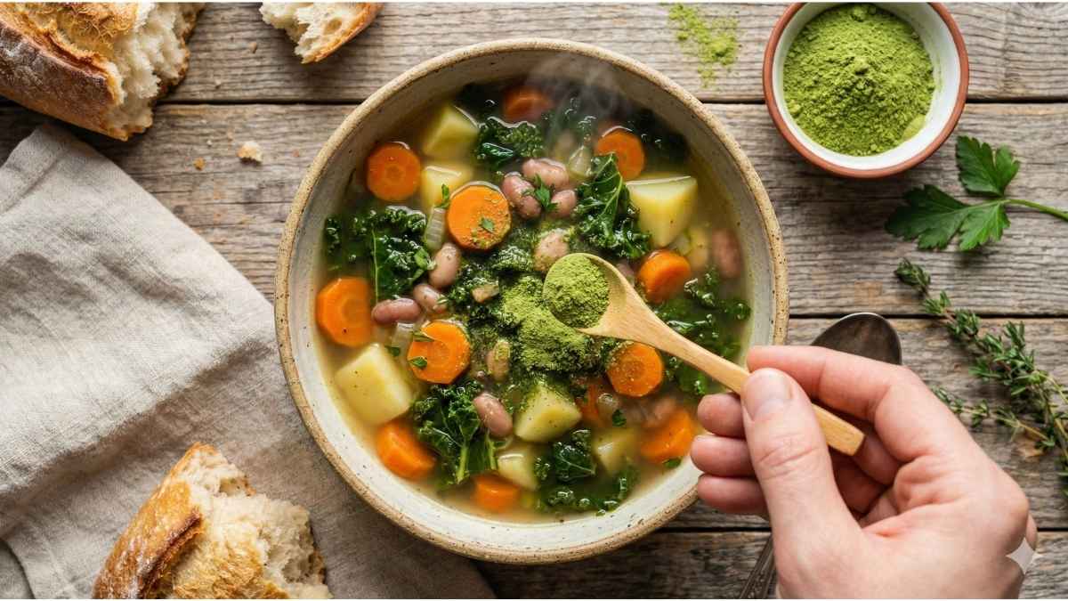 Sprinkling moringa powder on vegetable soup after cooking to preserve vitamins.