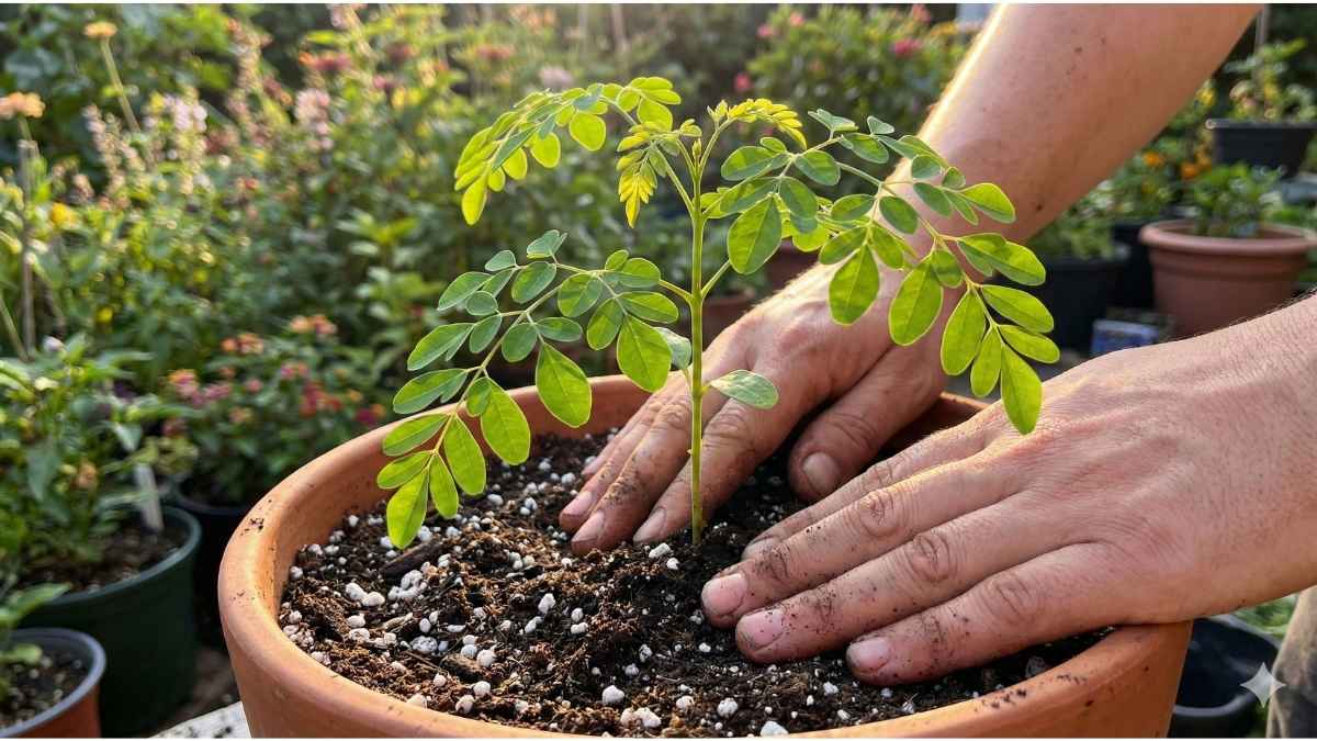 Young moringa tree seedling growing in a pot with well-draining soil.