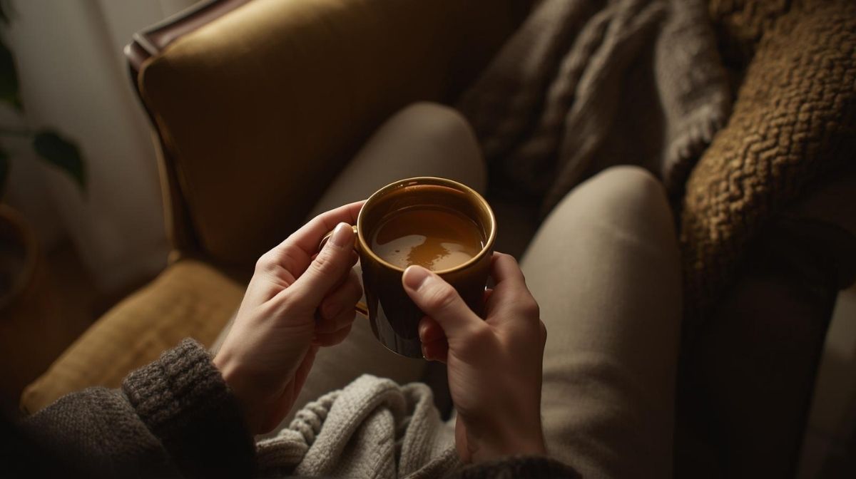 A person enjoying a calming and healthy ritual, holding a warm mug of moringa tea. A person enjoying a calming and healthy ritual, holding a warm mug of moringa tea.