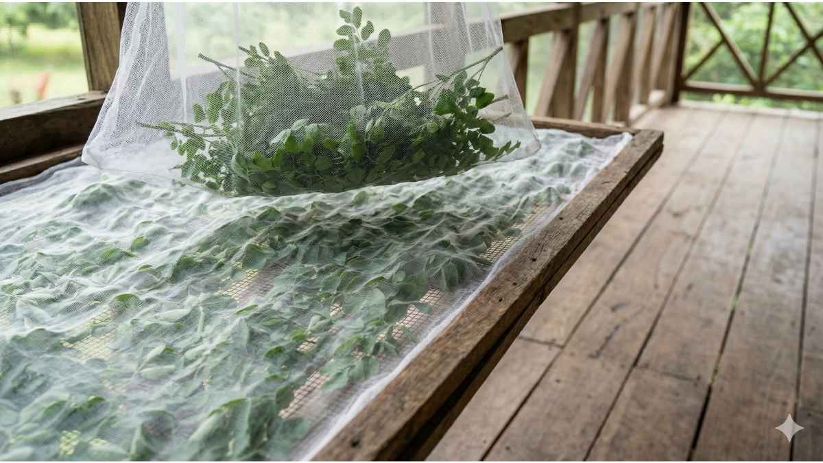 Green Moringa leaves drying on a mesh screen in the shade to preserve Vitamin A and C content.