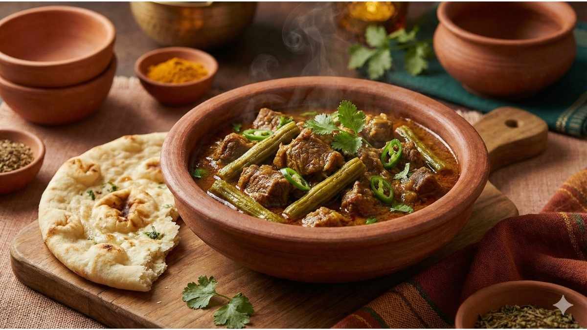 Traditional Sohanjna Gosht mutton curry dish with cooked moringa flowers and cilantro garnish.