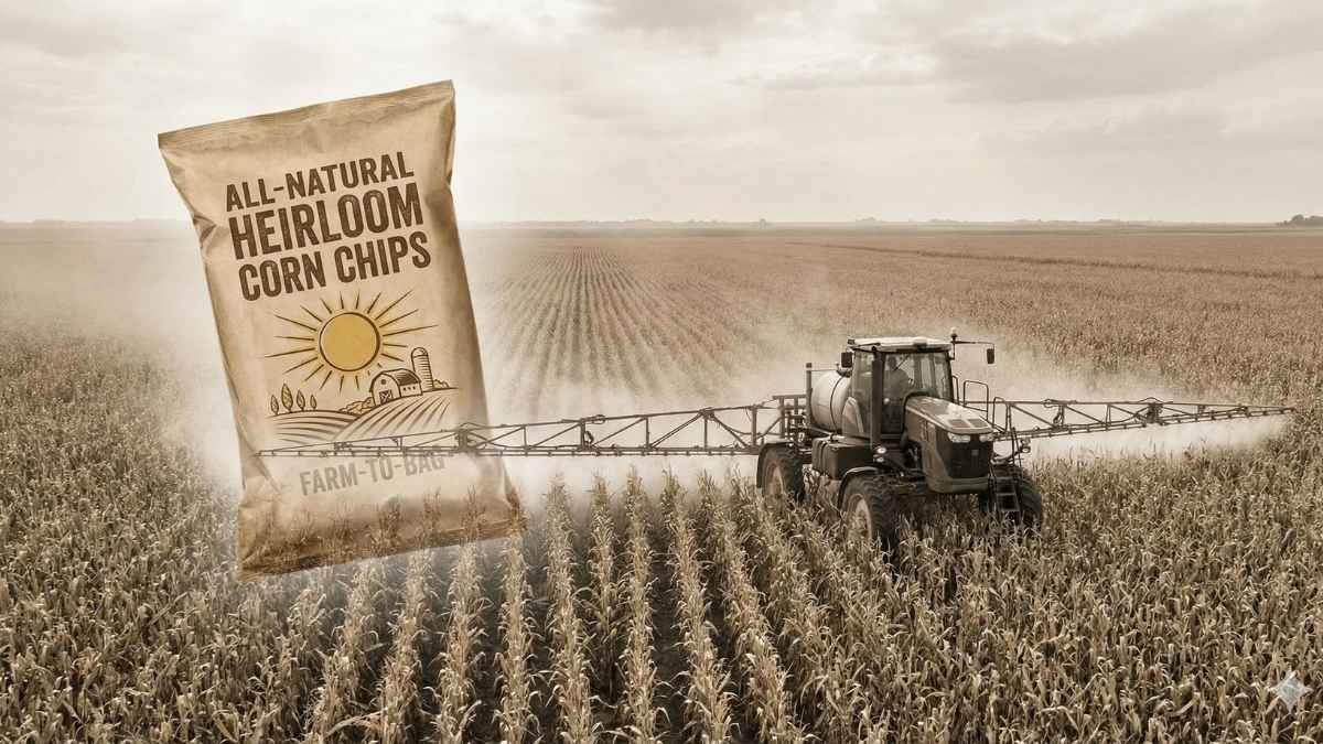 A 'natural' food product package juxtaposed with a chemically sprayed monoculture field, illustrating the 'natural illusion' marketing tactic.