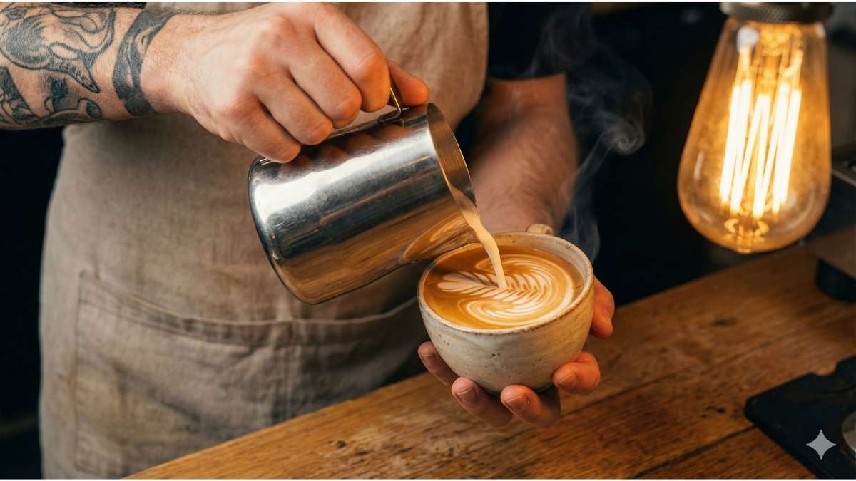 Barista pouring creamy oat milk latte art, demonstrating foam stability.