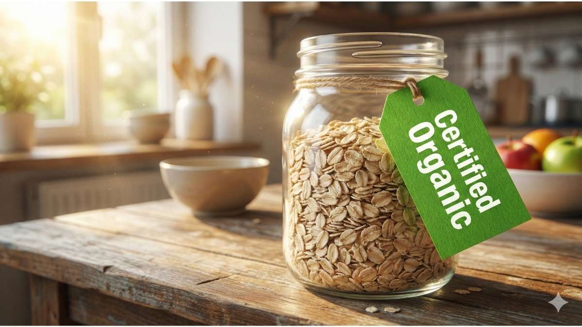Glass jar of organic rolled oats with green label, representing safe glyphosate-free sourcing for breakfast.