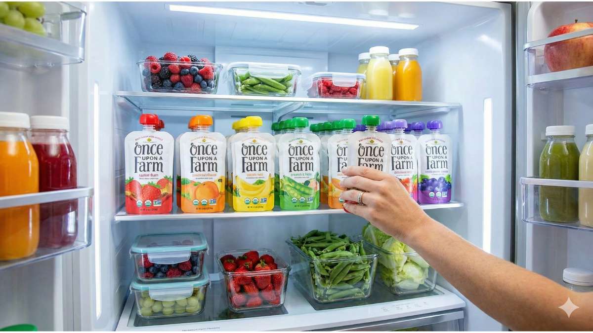 Organized fridge stocked with Once Upon a Farm subscription pouches for easy access.