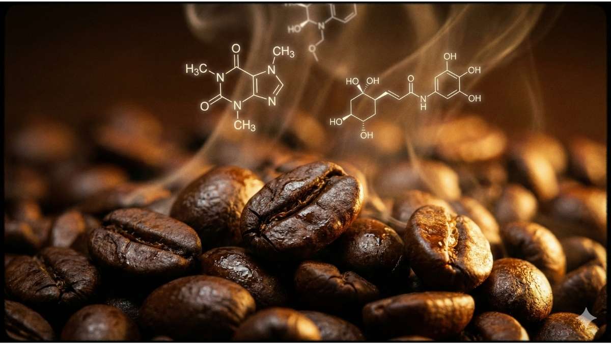 Dark roasted coffee beans with steam and molecular structures