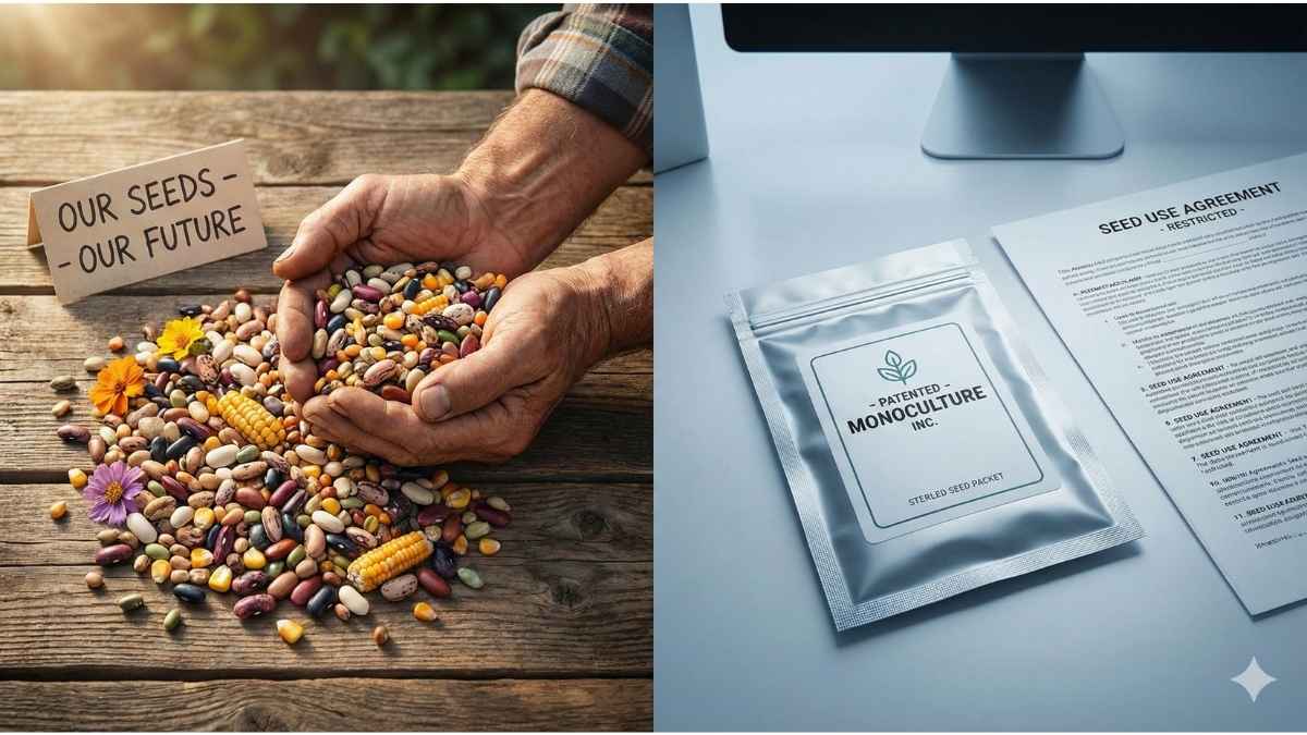 Visual metaphor illustrating the ethical difference between GMO vs Organic Food cost and seed patents: diverse heirloom seeds representing farmer autonomy juxtaposed with corporate, patented seed packets.