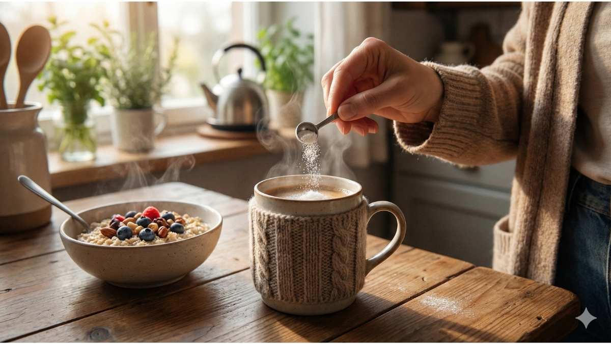 Using a micro-scoop to add pure monk fruit extract to morning coffee. Using a micro-scoop to add pure monk fruit extract to morning coffee.
