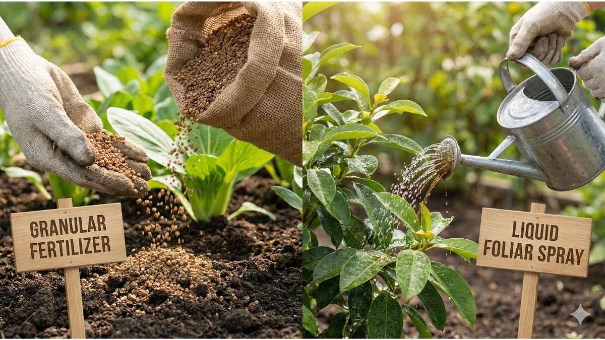 Comparison image showing a hand applying granular organic plant food for slow release and a liquid foliar spray for quick nutrient boost.