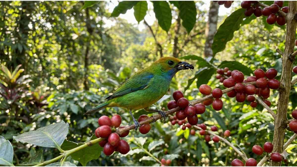 Bird eating pest on organic coffee plant
