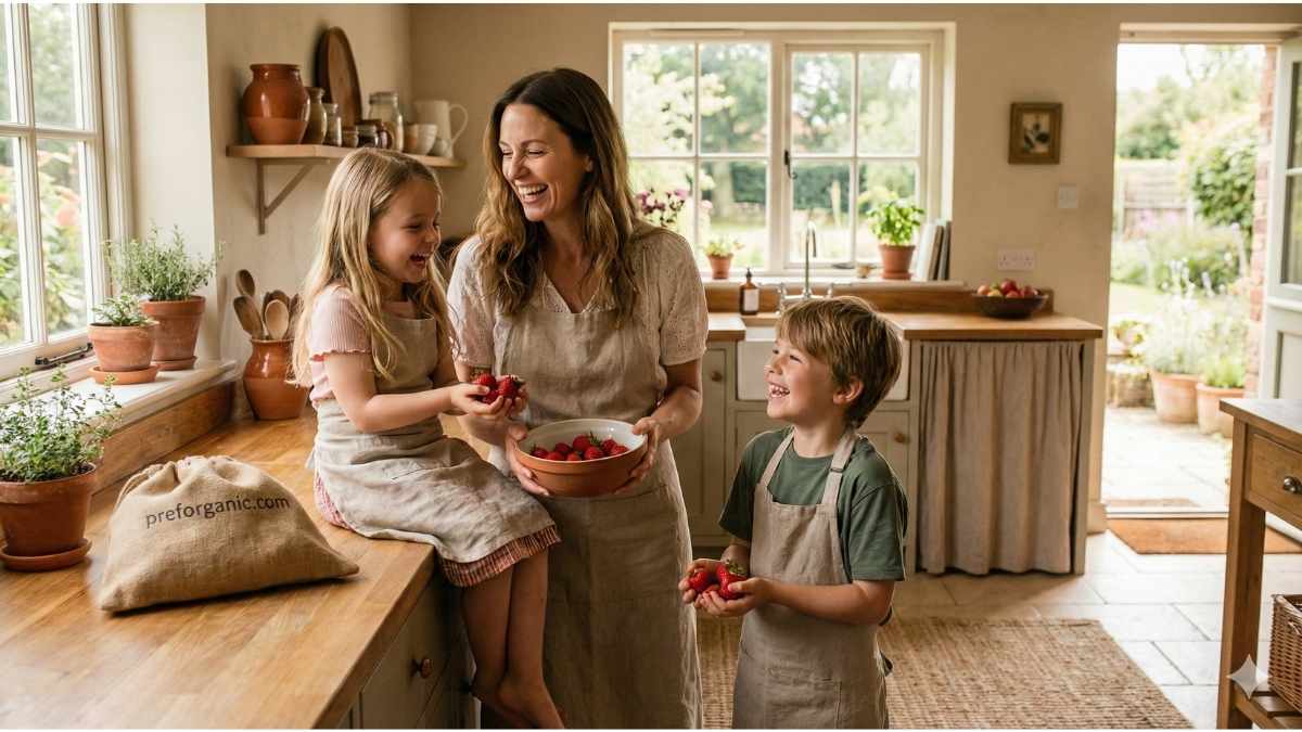Proactive protection: A family chooses organic strawberries for definitive safety and confident heart health benefits.