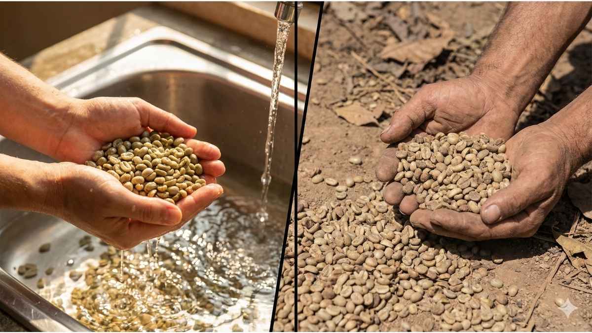 Wet processed coffee beans vs dry processed beans on soil