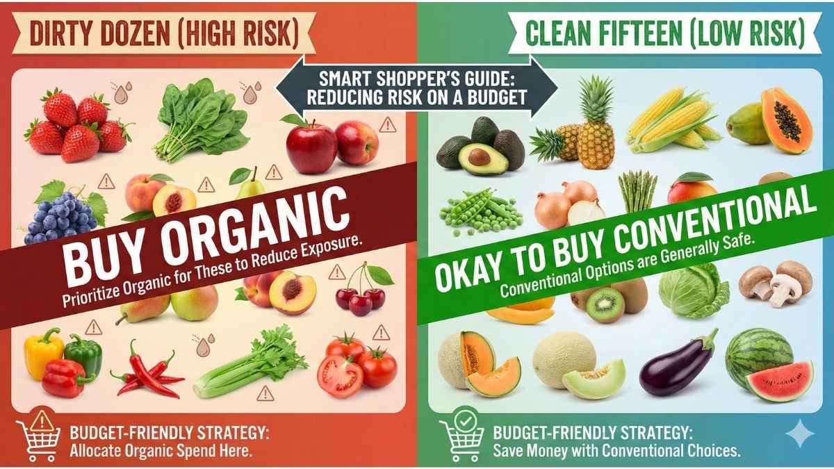 Strategic Shopping Guide: Dirty Dozen vs. Clean Fifteen. The left panel shows high-risk produce (Dirty Dozen) with a "Buy Organic" recommendation, and the right panel shows low-risk produce (Clean Fifteen) with an "Okay to Buy Conventional" recommendation.