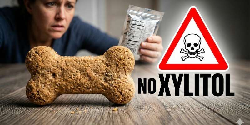 Warning graphic about xylitol toxicity in dogs compared to the safety of stevia for pets.