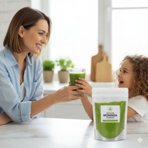 A parent confidently gives their child a healthy green smoothie, fulfilling the 'Parent and Child Goal' with moringa powder.