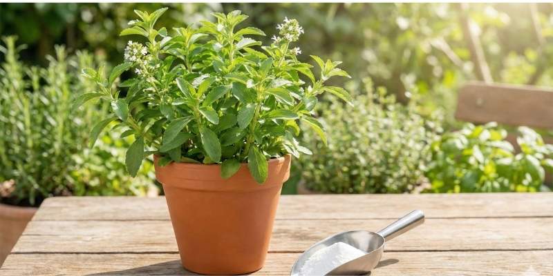 Fresh organic stevia plant rebaudiana next to pure stevia extract powder. Fresh organic stevia plant rebaudiana next to pure stevia extract powder.