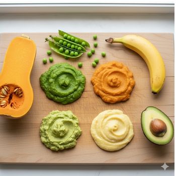 Comparison of low-risk ingredients for organic baby food with low heavy metals, including squash, peas, and banana.