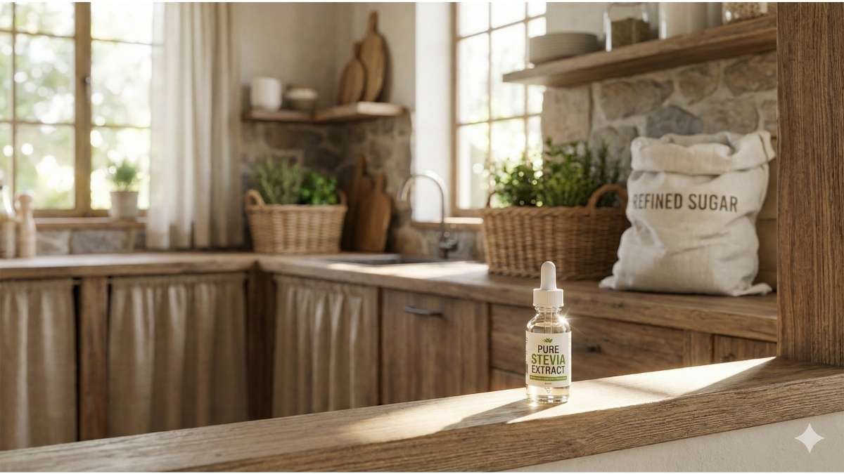 Wide shot of a bright kitchen featuring a small bottle of high-purity stevia extract vs. a large bag of sugar.
