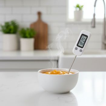 Checking the temperature of reheated purees for safe serving, a critical step in best organic baby food preparation and storage. Checking the temperature of reheated purees for safe serving, a critical step in best organic baby food preparation and storage.