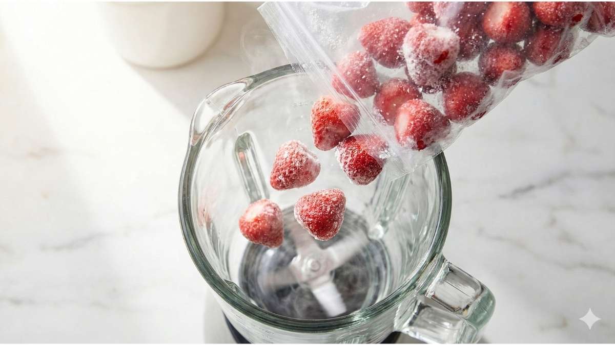 Frozen strawberries being poured into a blender for a smoothie.