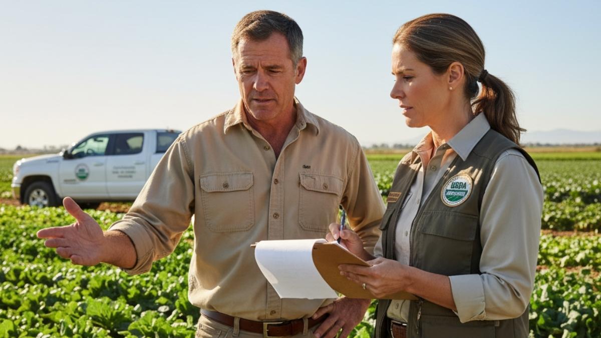 An organic farmer and a USDA-accredited inspector review the farm, demonstrating the 'Proof Promise' of the USDA guidelines for organic food