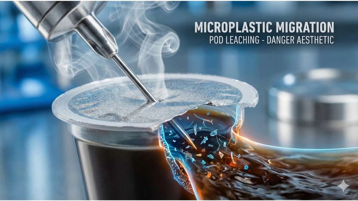 Macro shot of a plastic coffee pod punctured by a needle, with hot water pressure visible.