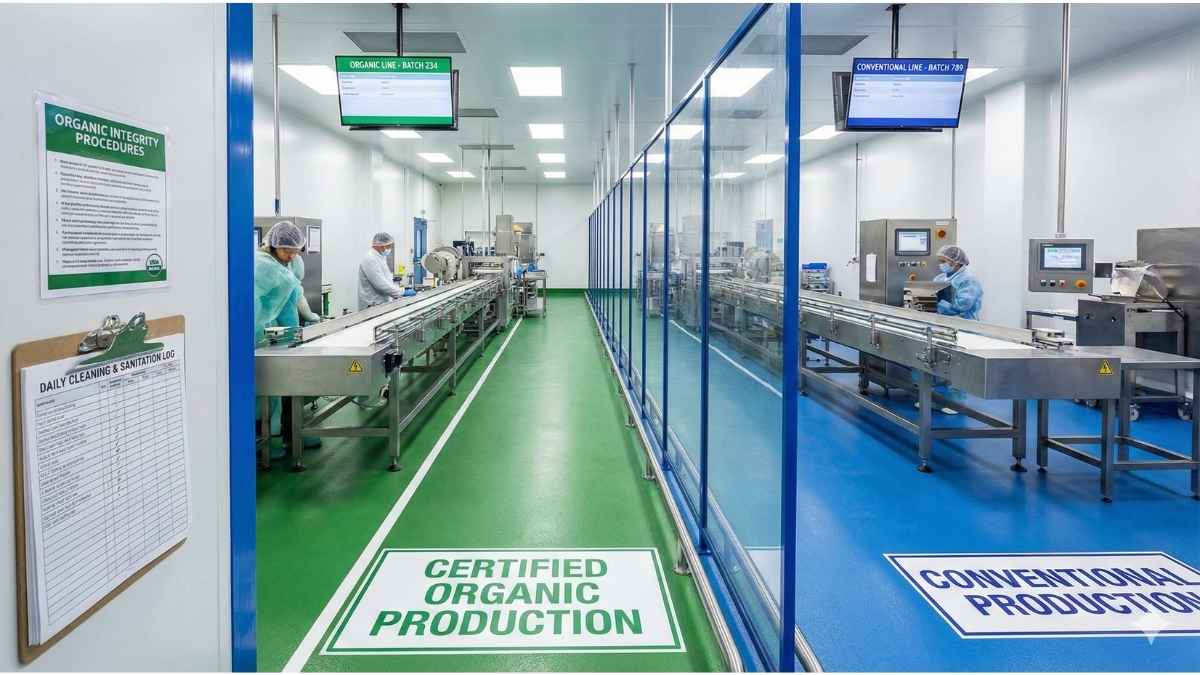 Inside a processing facility, physical separation barriers preventing commingling to maintain USDA organic certification integrity during food handling.