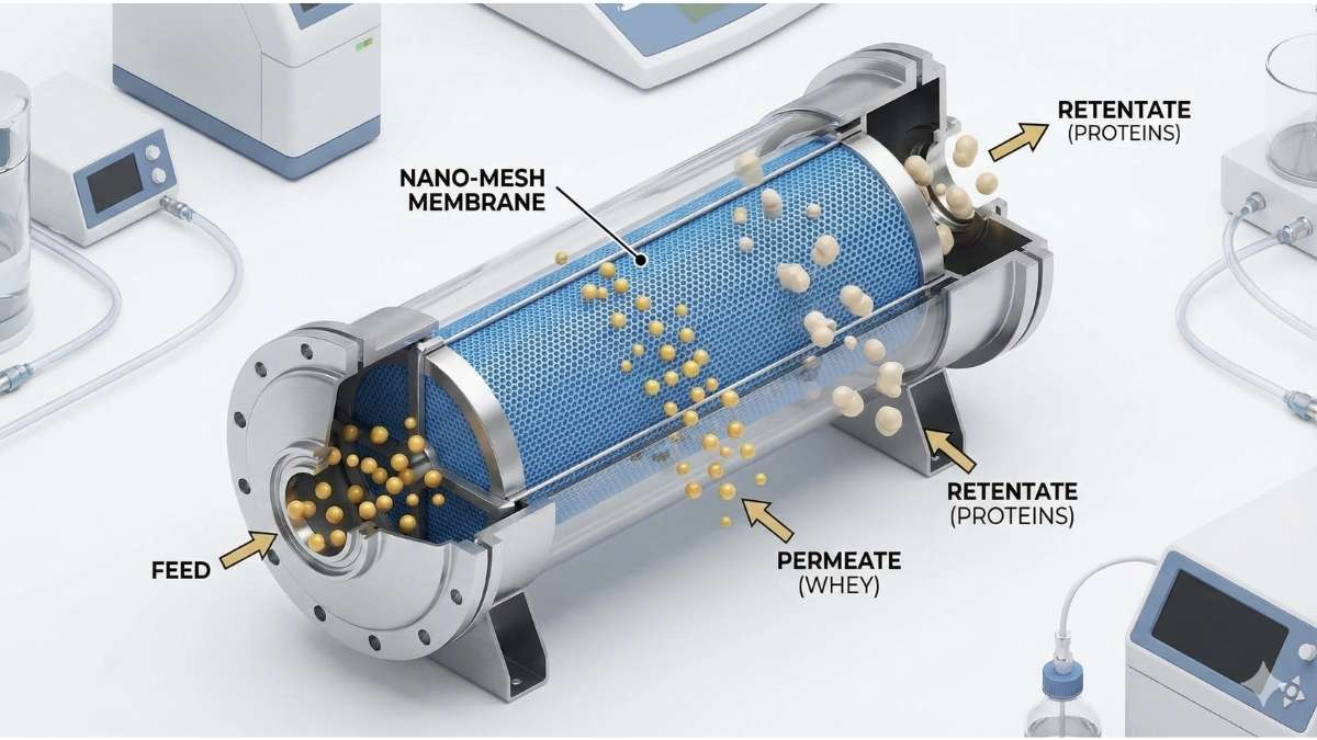 3D render of whey protein isolate filtration mesh.