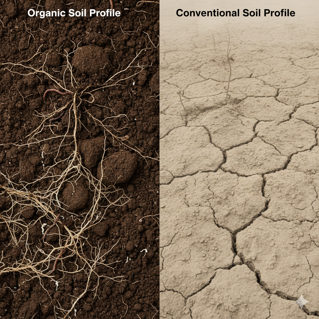 Comparison of organic and conventional soil health, illustrating why organic is better for carbon sequestration, proving why is organic food better. Comparison of organic and conventional soil health, illustrating why organic is better for carbon sequestration, proving why is organic food better.