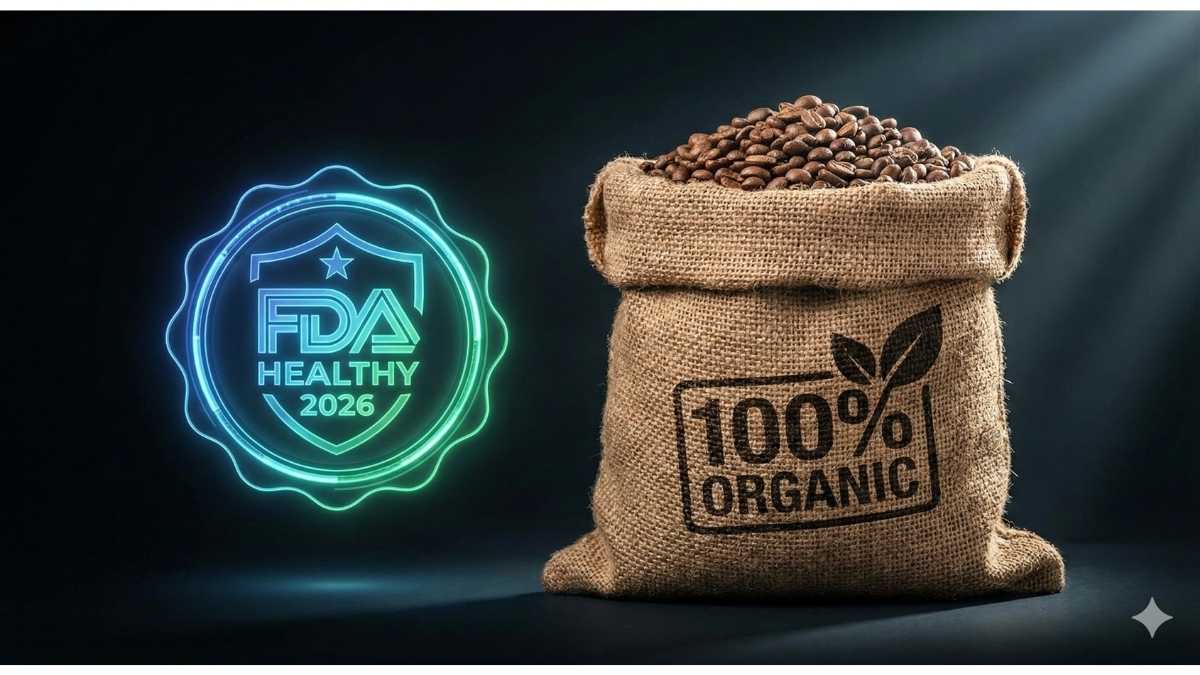 FDA Healthy 2026 holographic seal on organic coffee burlap sack