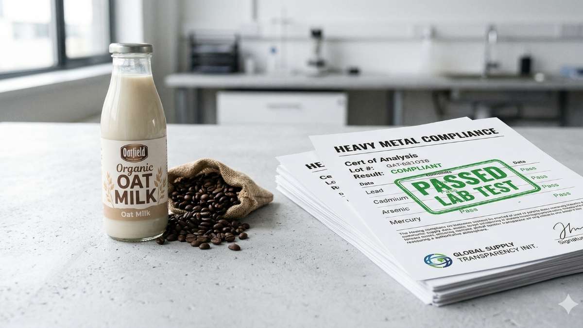 Organic oat milk and coffee beans resting on a heavy metal lab test document