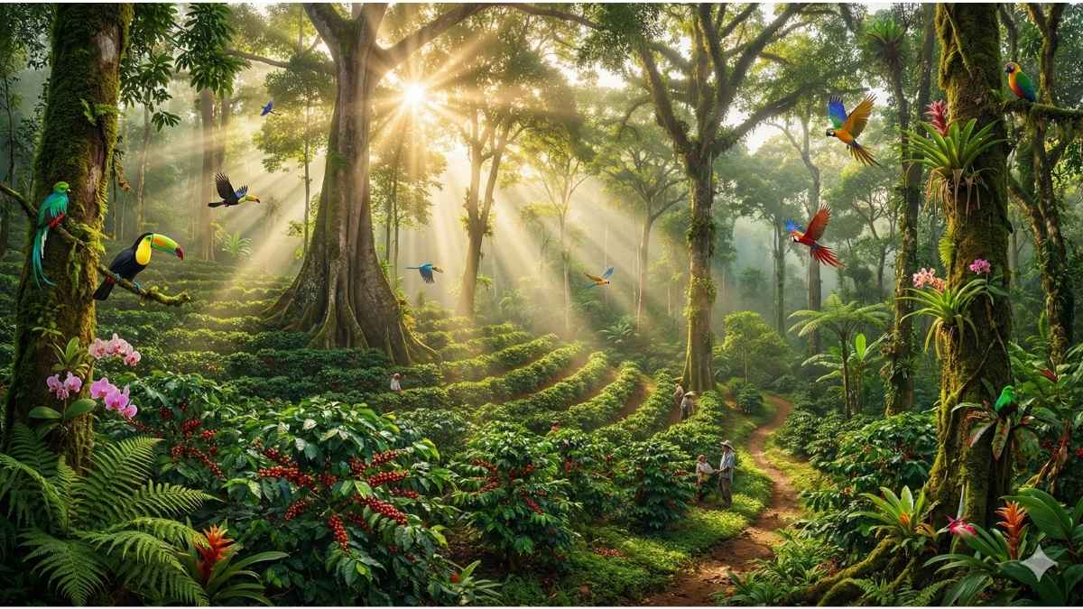 Lush shade-grown coffee forest with birds vs dry monoculture rows