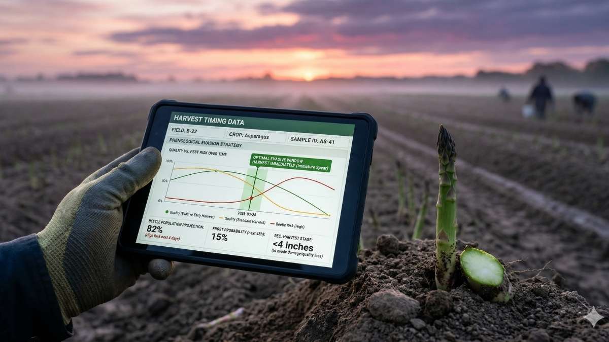 An inspector holding a data tablet next to an immature asparagus spear in the field.