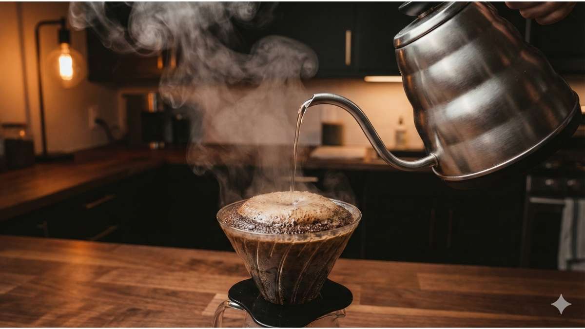 Brewing fresh organic decaf coffee beans using a gooseneck kettle and pour-over method.