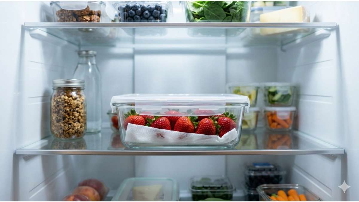 Strawberries stored in a glass ventilated container lined with a paper towel inside a fridge.