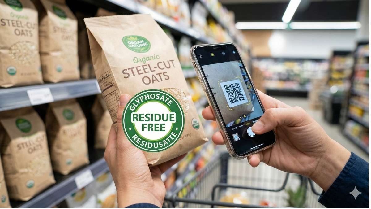 Shopper scanning QR code on oatmeal package to verify Glyphosate Residue Free seal