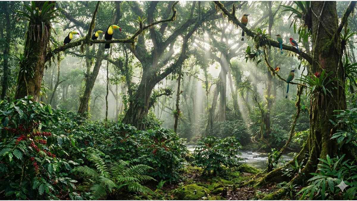 Lush shade-grown coffee plantation with tropical birds and sunlight filtering through canopy