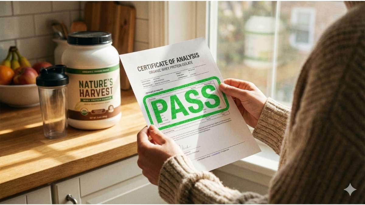 Hand holding a passing COA lab report on a kitchen counter