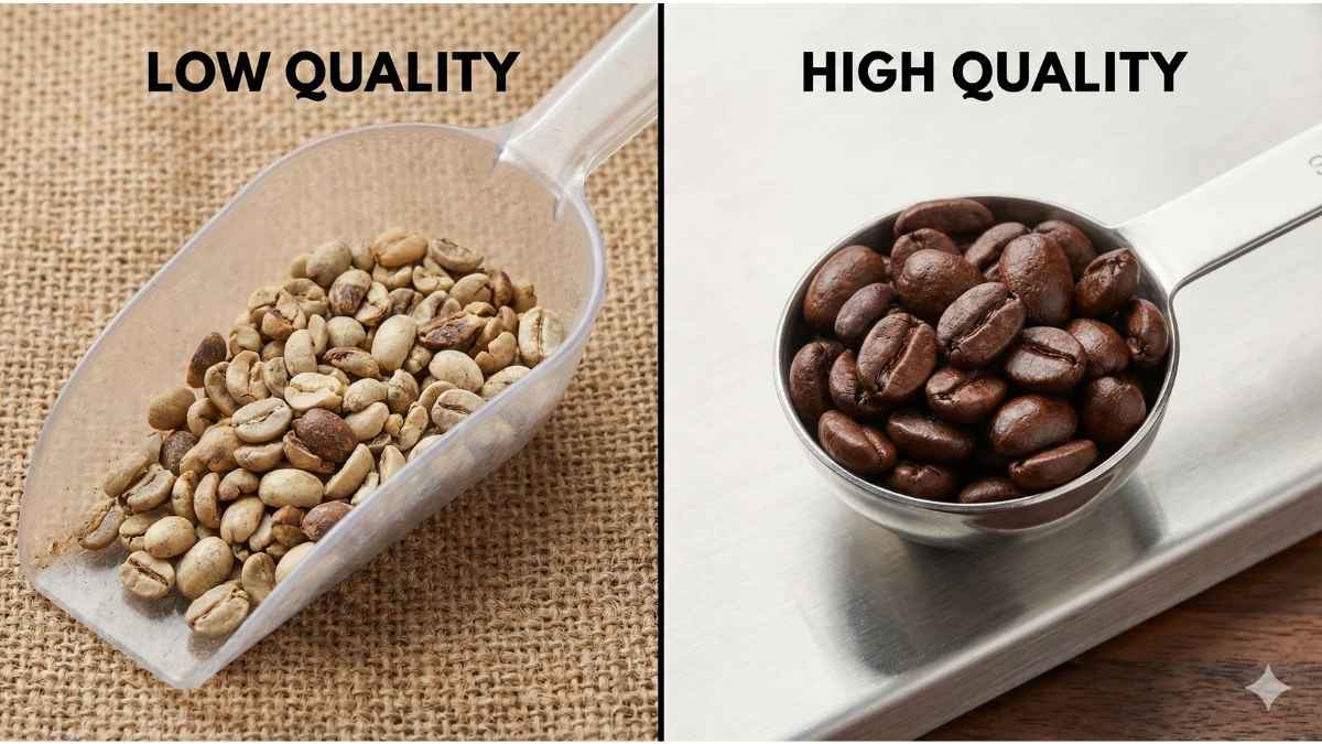 side by side comparison of moldy coffee beans vs specialty grade beans