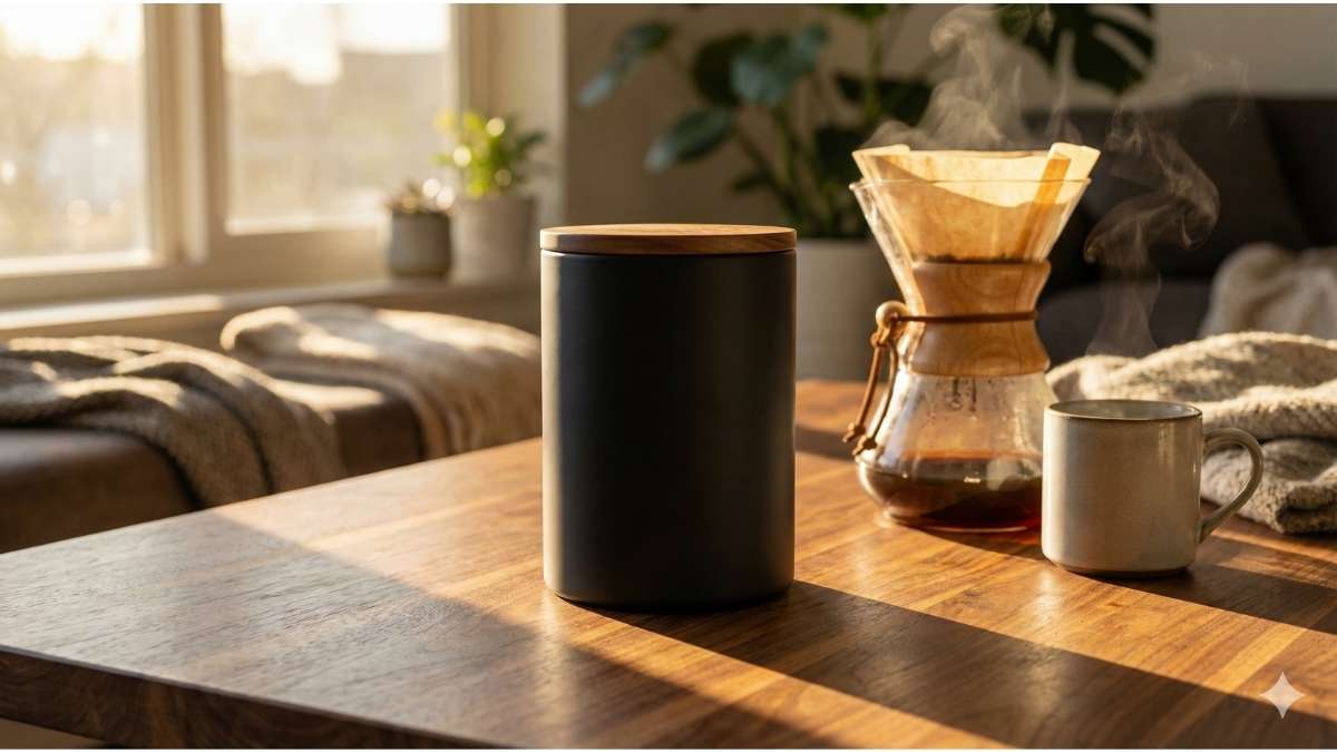 Matte black vacuum coffee canister on wooden table